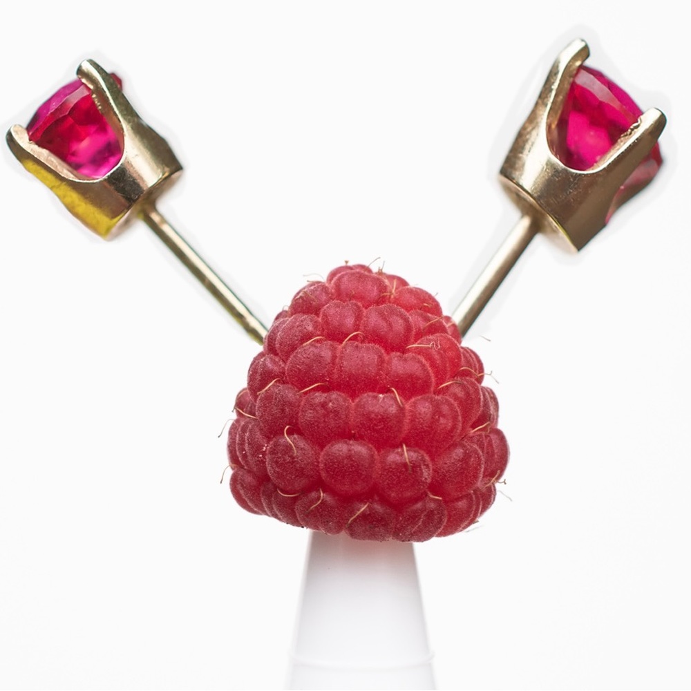 14K gold cultured stone raspberry tinted earrings